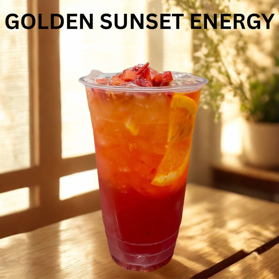 A vibrant I HEART BOBA FM 529 drink with layers of red and orange, topped with fruit and ice.