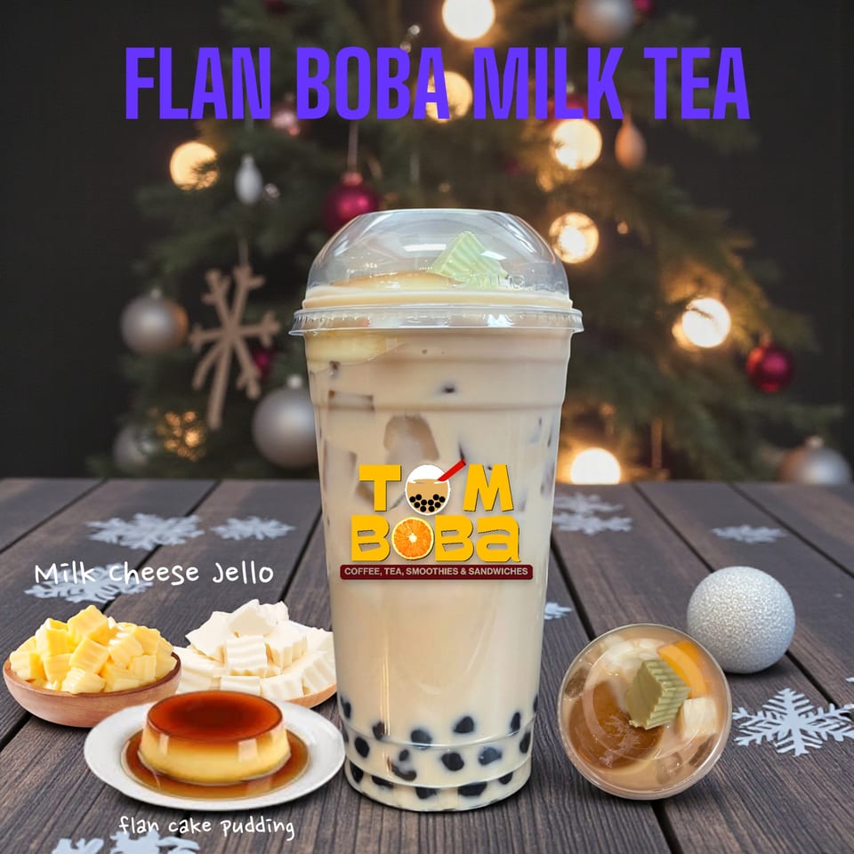 I HEART BOBA FM 529's Flan Boba Milk Tea, milk cheese jello, and flan cake pudding on a wooden table.