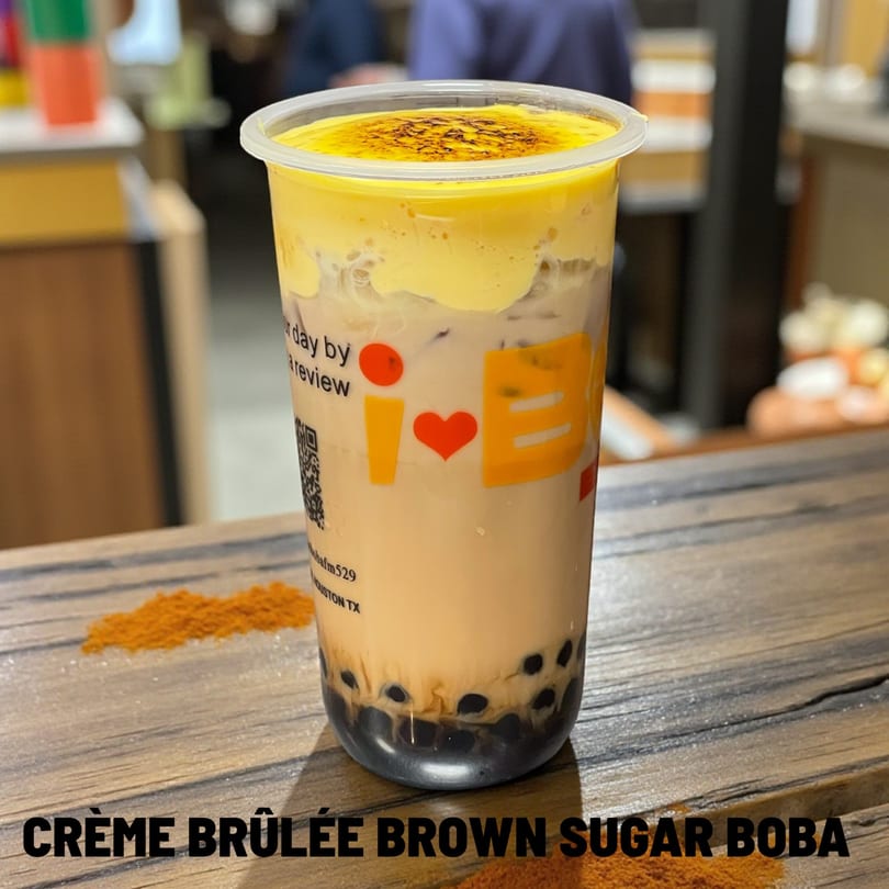 I HEART BOBA FM 529's Crème Brûlée Brown Sugar Boba with a caramelized topping on a wooden table.