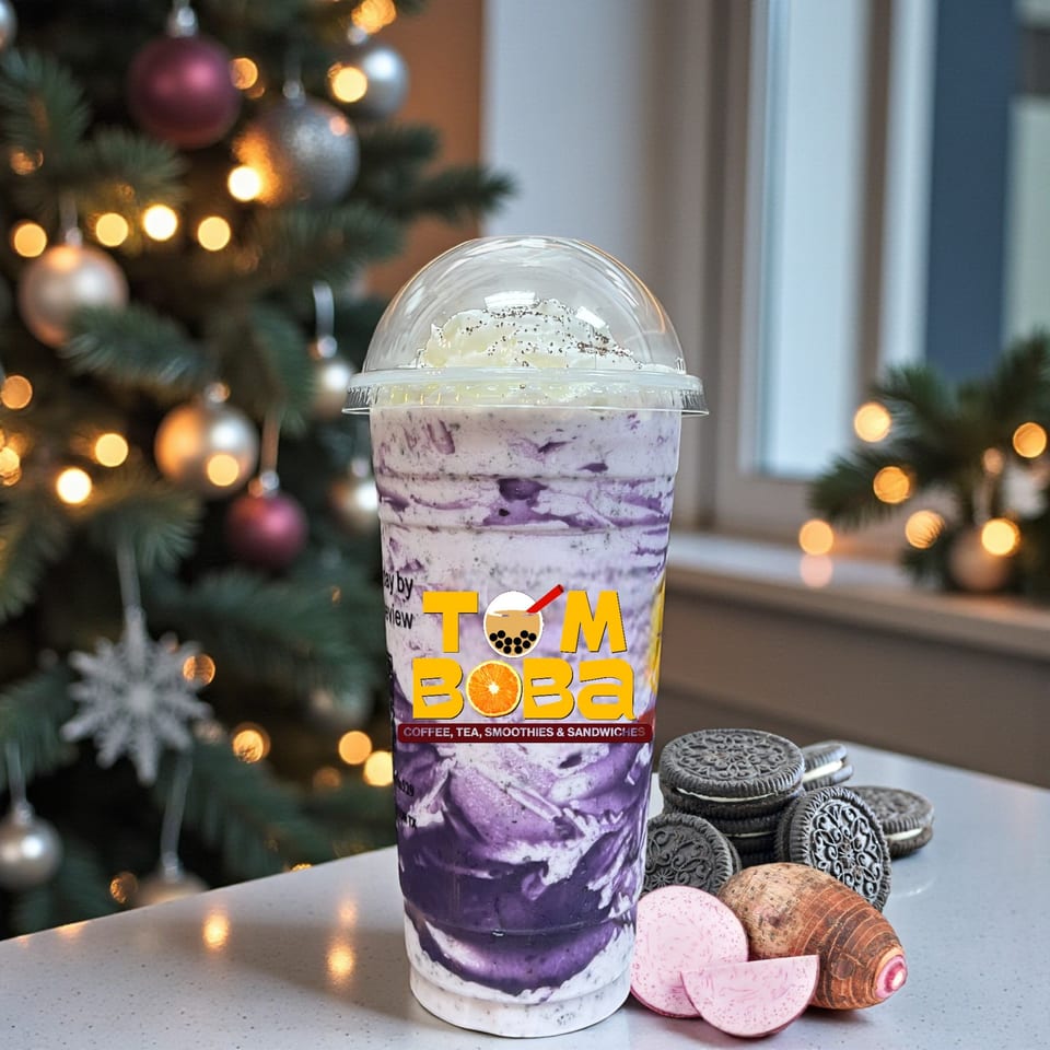 I HEART BOBA FM 529 taro boba drink with whipped cream, Oreos, and taro root.