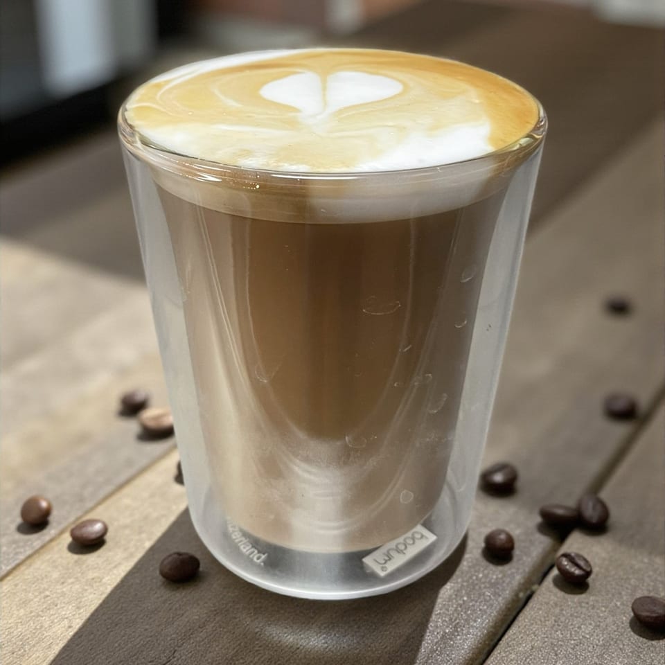 A latte with heart-shaped latte art in a double-walled glass, surrounded by coffee beans.