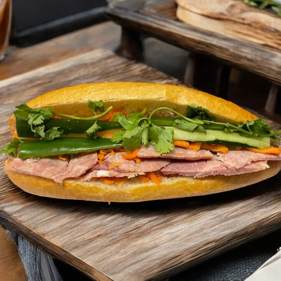 A banh mi sandwich with meat, cilantro, cucumbers, and carrots on a wooden board.
