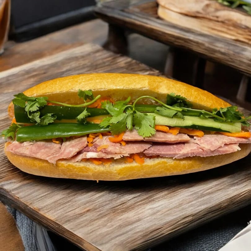 A banh mi sandwich with meat, cilantro, cucumbers, and carrots on a wooden board.