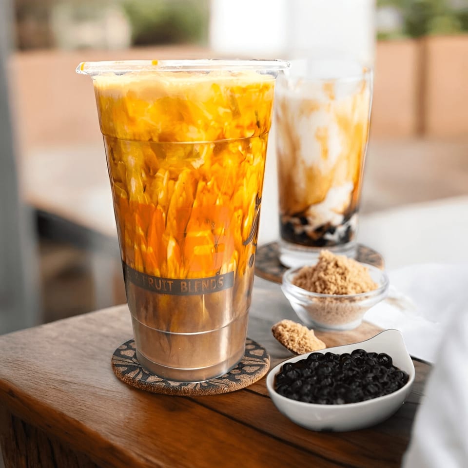 Two I HEART BOBA drinks on a wooden table with bowls of brown sugar and boba pearls.